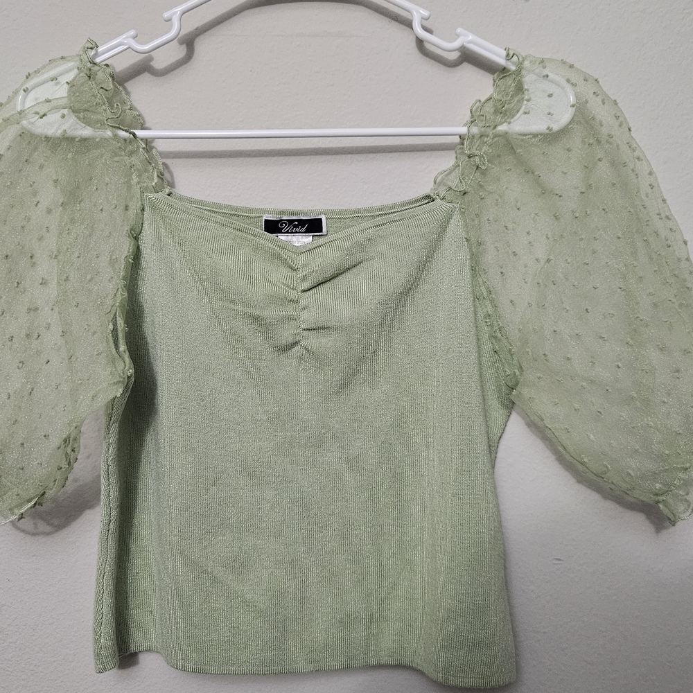 Sage Fairycore Puff Sleeve Mesh Top | Cottagecore | XL